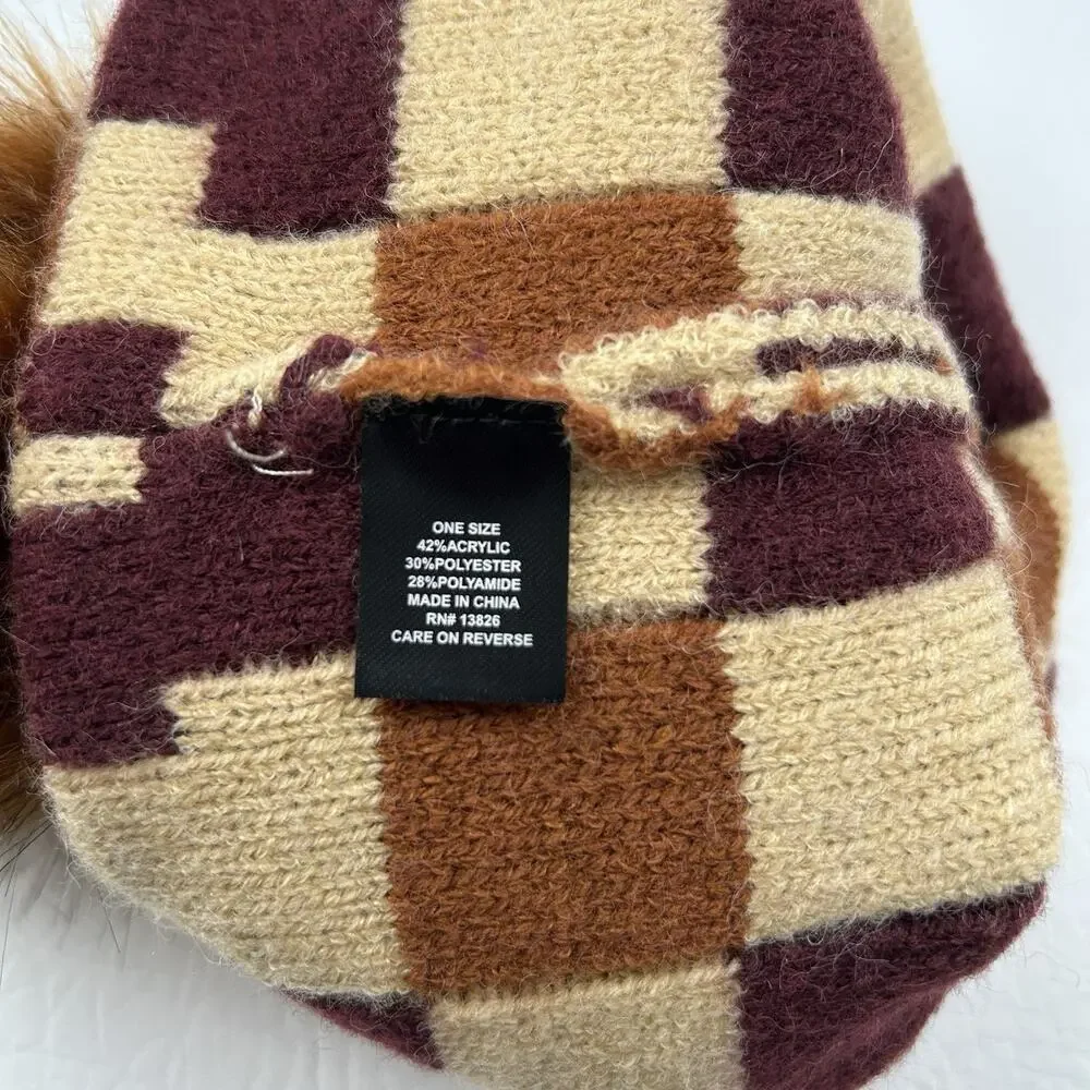Women’s Checkered Knit Beanie Hat Faux Fur Pom Brown Tan One Size Winter Cap